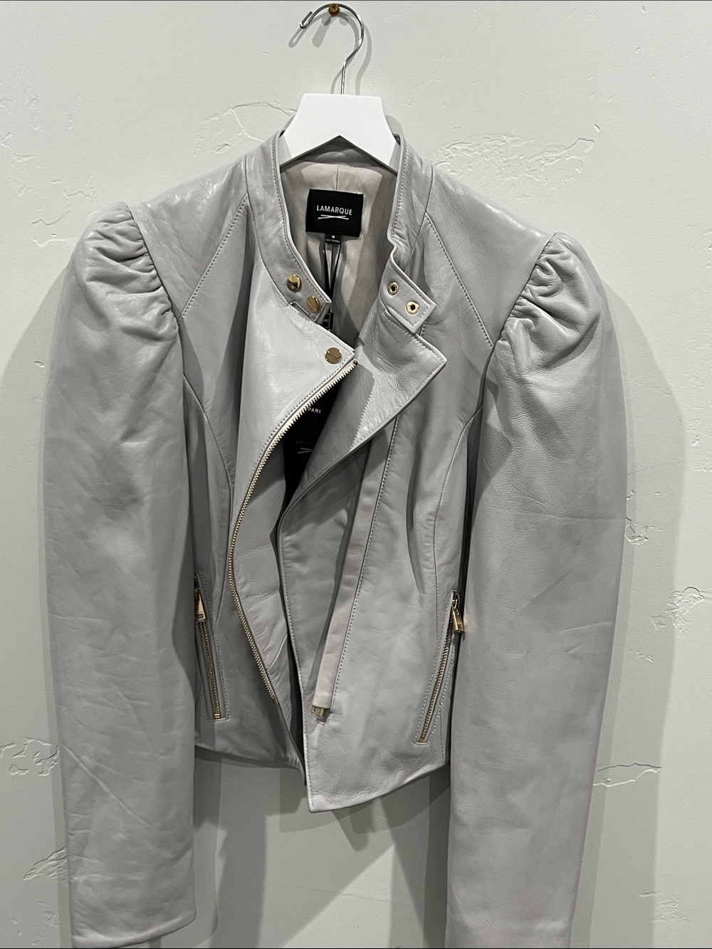 Lamarque- Kaia Light Gray Asym Zip Jacket with Puff Sleeves. Size Medium, NWT